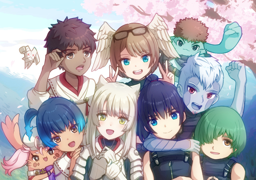 4girls 5boys aged_down animal_ears black-framed_eyewear blue_eyes blue_hair brown_eyes brown_hair cat_ears cherry_blossoms clearb01 closed_mouth colored_skin commentary_request creature dark-skinned_female dark-skinned_male dark_skin double_v eunie_(xenoblade) glasses gloves gradient_hair green_hair grey_hair grey_skin hair_over_one_eye head_wings joran_(xenoblade) lanz_(xenoblade) long_hair looking_at_viewer manana_(xenoblade) mio_(xenoblade) multicolored_hair multiple_boys multiple_girls noah_(xenoblade) nopon one_eye_covered open_mouth ponytail red_eyes riku_(xenoblade) sena_(xenoblade) short_hair smile taion_(xenoblade) two-tone_hair v white_hair wings xenoblade_chronicles_(series) xenoblade_chronicles_3 yellow_eyes
