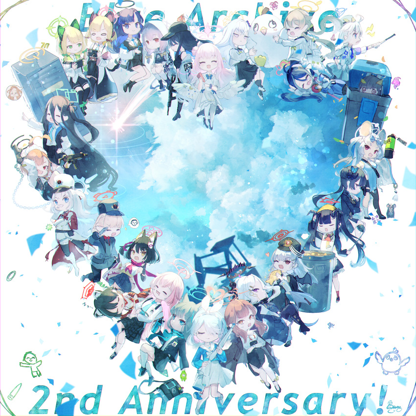 1boy 6+girls @_@ absolutely_everyone absurdres ahoge angel_wings animal_ear_fluff animal_ear_headphones animal_ears anniversary aqua_eyes aqua_necktie aris_(blue_archive) arona's_sensei_doodle_(blue_archive) arona_(blue_archive) aru_(blue_archive) asymmetrical_bangs atsuko_(blue_archive) azusa_(blue_archive) backpack bag black_skirt blonde_hair blue_archive blue_bow blue_bowtie blue_eyes blue_hair blue_halo blue_necktie blue_scarf blue_sky blunt_bangs blush bow bowtie braid braided_bun business_suit can canister carume_cuo cherino_(blue_archive) china_dress chinese_clothes closed_mouth clouds cloudy_sky confetti copyright_name dark_blue_hair dress everyone fake_animal_ears fake_beard fake_facial_hair food formal fox_ears fubuki_(blue_archive) fuuka_(blue_archive) gloves green_eyes green_gloves green_halo grey_hair gun hair_bun hair_ornament hair_ribbon hairclip halo hand_on_own_hip handheld_game_console haruna_(blue_archive) hat headphones heart hifumi_(blue_archive) highres hina_(blue_archive) holding holding_can holding_food holding_gun holding_handheld_game_console holding_pointer holding_weapon hood hoodie hoshino_(blue_archive) izuna_(blue_archive) kirino_(blue_archive) kisaki_(blue_archive) kneehighs light_blue_hair locker long_bangs long_hair looking_at_viewer mechanical_halo midori_(blue_archive) mika_(blue_archive) miyu_(blue_archive) momoi_(blue_archive) mouse mouse_ears multicolored_hair multiple_girls neck_ribbon necktie neru_(blue_archive) nodoka_(blue_archive) one_eye_closed open_clothes open_mouth orange_eyes orange_hair orange_halo pantyhose pencil_skirt peroro_(blue_archive) pleated_skirt pointer purple_hair recycle_bin red_eyes red_halo red_ribbon ribbon saori_(blue_archive) saya_(blue_archive) scarf school_uniform sensei_(blue_archive) shiroko_(blue_archive) short_hair sidelocks signature skirt sky sleeping smile socks suit sweatdrop taiyaki tsubaki_(blue_archive) two-tone_hair umbrella_gun very_long_hair violet_eyes wagashi weapon white_pantyhose wings wolf_ears yellow_eyes yellow_halo yellow_headwear yuuka_(blue_archive) yuzu_(blue_archive)