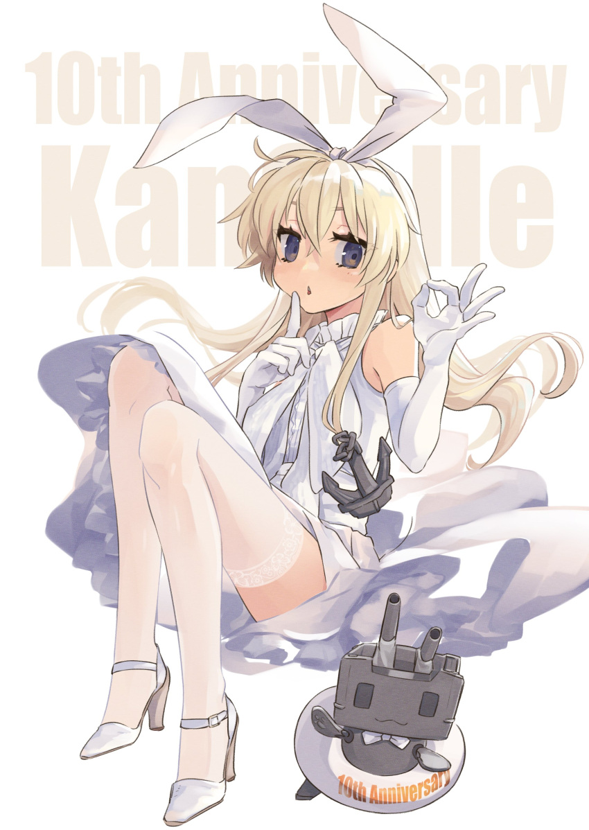 1girl absurdres anchor_hair_ornament blonde_hair dress elbow_gloves finger_to_mouth full_body gloves hair_ornament hairband highres kantai_collection long_hair looking_at_viewer open_mouth pierro_wpmp rensouhou-chan shimakaze_(kancolle) solo thigh-highs wedding_dress white_background white_dress white_gloves