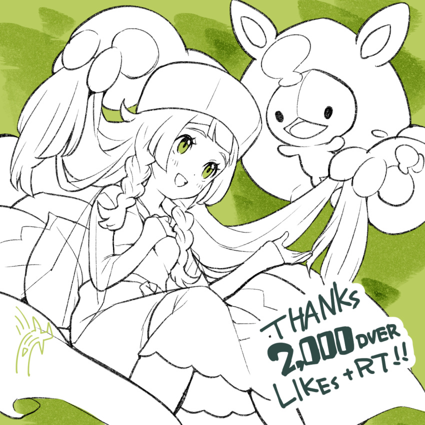 1girl :d blunt_bangs blush braid caitlin_(pokemon) caitlin_(pokemon)_(cosplay) cosplay dress eyelashes green_background green_eyes hair_lift hands_up happy hat highres kinocopro lillie_(pokemon) long_hair long_sleeves milestone_celebration open_mouth pokemon pokemon_(creature) pokemon_(game) pokemon_bw pokemon_sm reuniclus sleeves_past_wrists smile thank_you twin_braids
