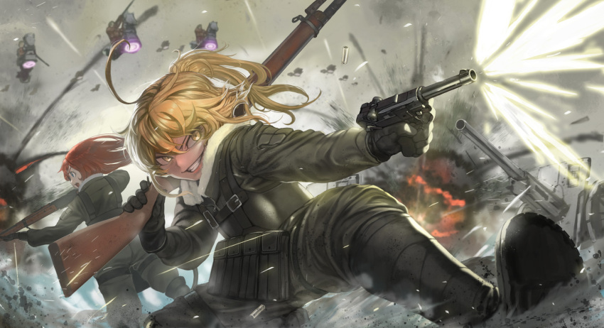 2girls blonde_hair finger_on_trigger firing gloves gun holding holding_gun holding_weapon military military_uniform multiple_girls people redhead rungsak_sontayanont uniform viktoriya_ivanovna_serebryakov weapon yellow_eyes youjo_senki