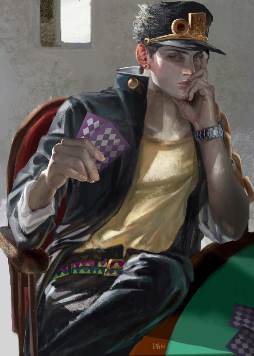 1boy artist_name belt black_coat black_hair black_pants card chain coat commentary_request danart14020 green_eyes hand_on_own_face hat highres holding holding_card jojo_no_kimyou_na_bouken kujo_jotaro lips looking_at_viewer male_focus multiple_belts muscular pants playing_card poker_table realistic school_uniform shirt sitting solo stardust_crusaders table watch watch