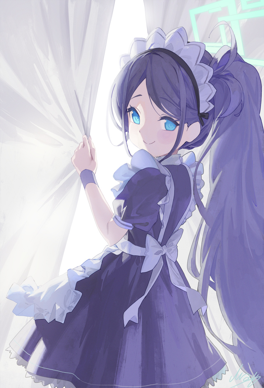 1girl apron aris_(blue_archive) aris_(maid)_(blue_archive) black_dress black_hair blue_archive blue_eyes blue_halo bow closed_mouth commentary curtains dress feet_out_of_frame frilled_apron frills from_behind halo highres long_hair looking_back m.q_(mqkyrie) maid maid_apron maid_headdress official_alternate_costume ponytail puffy_short_sleeves puffy_sleeves short_sleeves smile solo very_long_hair white_apron white_bow