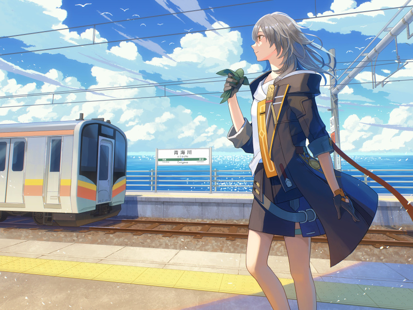 1girl absurdres animal bare_legs belt bird black_coat black_gloves blue_sky closed_mouth clouds cloudy_sky coat day dove feet_out_of_frame female_trailblazer_(honkai:_star_rail) food gloves grey_hair ground_vehicle highres hiko_(scape) holding holding_food honkai:_star_rail honkai_(series) japan long_sleeves looking_ahead medium_hair ocean open_hand outdoors railroad_tracks shirt sign sky smile solo standing thigh_strap trailblazer_(honkai:_star_rail) train train_station white_shirt wire yellow_eyes
