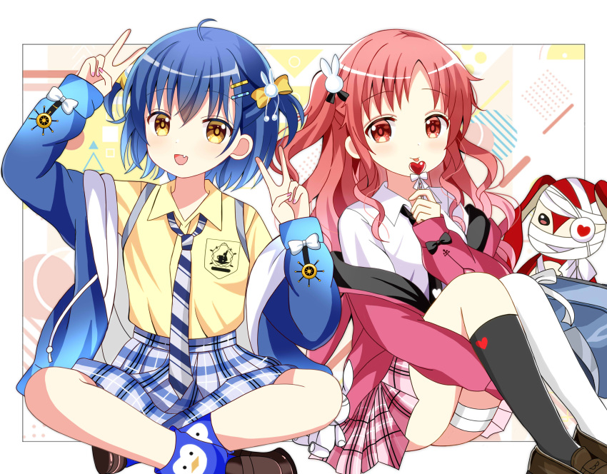 2girls :d :p absurdres arm_up bag bandaged_leg bandages black_necktie black_socks blue_hair blue_jacket blue_socks blush bow brown_eyes brown_footwear candy closed_mouth collared_shirt commentary_request diagonal-striped_necktie double_v dress_shirt eyepatch food gochuumon_wa_usagi_desu_ka? grey_skirt hair_bow hair_ornament hand_up heart heart_eyepatch heart_lollipop highres holding holding_candy holding_food holding_lollipop hood hood_down hooded_jacket hugging_own_legs jacket jouga_maya kneehighs loafers lollipop long_hair long_sleeves multiple_girls natsu_megumi necktie one_side_up open_clothes open_jacket parted_bangs pink_jacket pink_skirt plaid plaid_skirt pleated_skirt rabbit_hair_ornament red_eyes redhead ryoutan school_bag school_uniform shaped_lollipop shirt shoes single_kneehigh single_sock single_thighhigh skirt sleeves_past_wrists smile socks stuffed_animal stuffed_rabbit stuffed_toy thigh-highs tongue tongue_out two_side_up v white_shirt white_thighhighs yellow_bow yellow_shirt