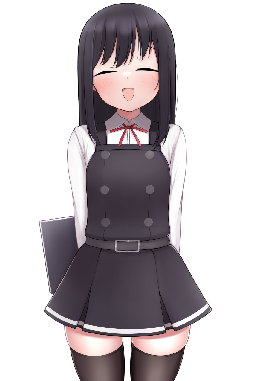 1girl absurdres arms_behind_back asashio_(kancolle) asashio_kai_ni_(kancolle) belt black_hair black_thighhighs blush buttons closed_eyes dress highres kantai_collection long_hair long_sleeves looking_at_viewer neck_ribbon notebook open_mouth pinafore_dress pleated_skirt red_ribbon ribbon school_uniform shirt simple_background skirt sleeveless sleeveless_dress smile solo thigh-highs tiemu_(man190) white_shirt