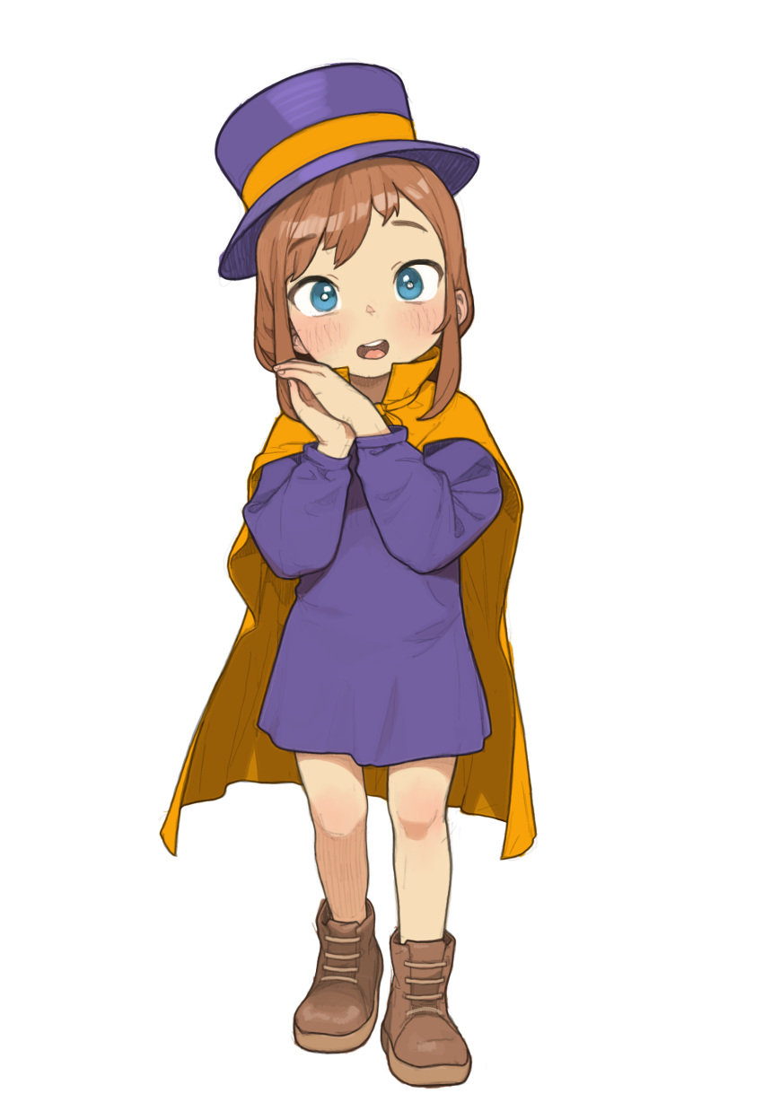 1girl :d a_hat_in_time absurdres blue_eyes bright_pupils brown_footwear brown_hair cape child dress female_child full_body hat hat_kid highres long_hair long_sleeves looking_at_viewer opossumachine orange_cape own_hands_together purple_dress purple_headwear shoes sidelocks simple_background smile solo standing straight-on teeth top_hat upper_teeth_only white_background white_pupils