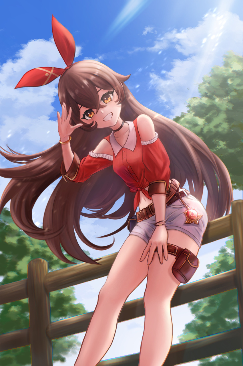 1girl absurdres amber_(genshin_impact) bare_shoulders belt bracelet brown_belt brown_eyes brown_hair clouds cloudy_sky coppelion1991 crossed_bangs day denim denim_shorts detached_sleeves fence frills genshin_impact grin hair_between_eyes highres jewelry long_hair looking_at_viewer off-shoulder_shirt off_shoulder pouch puffy_sleeves red_ribbon ribbon shirt short_shorts short_sleeves shorts skirt sky smile solo summer sunlight vision_(genshin_impact) wooden_fence