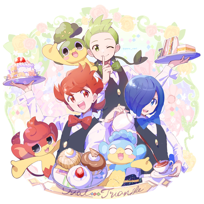 3boys :d ;) absurdres black_vest blue_bow blue_bowtie blue_eyes blue_hair blush_stickers bow bowtie brothers buttons cake chili_(pokemon) cilan_(pokemon) closed_mouth commentary_request cress_(pokemon) cup cupcake food green_bow green_bowtie green_eyes green_hair hair_over_one_eye highres holding holding_plate index_finger_raised long_sleeves male_focus multiple_boys one_eye_closed open_mouth panpour pansage pansear paru_rari plate pokemon pokemon_(creature) pokemon_(game) pokemon_bw red_bow red_bowtie red_eyes redhead sandwich saucer shirt short_hair siblings smile tea teacup teeth tongue upper_teeth_only vest white_shirt