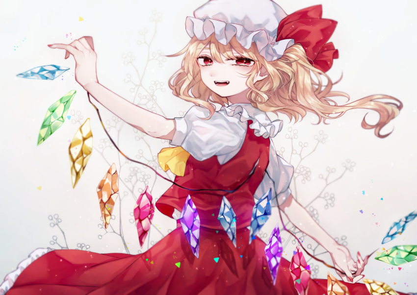 1girl :d arm_up ascot blonde_hair blurry crystal depth_of_field dot_nose flandre_scarlet katai_(nekoneko0720) looking_at_viewer nail_polish one_side_up puffy_short_sleeves puffy_sleeves red_eyes red_nails red_skirt red_vest short_sleeves simple_background skirt skirt_set smile solo teeth touhou vest white_background wings yellow_ascot