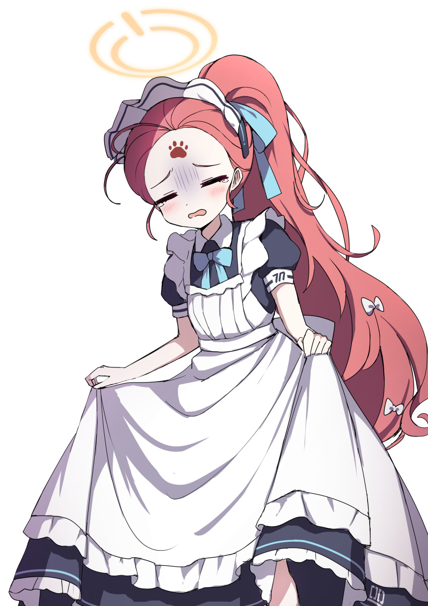 1girl absurdres apron black_dress blue_archive blue_bow blue_bowtie blue_ribbon blush bow bowtie closed_eyes commentary dress forehead frilled_apron frilled_dress frills hair_bow hair_ribbon halo highres long_hair looking_at_viewer maid maid_headdress official_alternate_costume parted_lips paw_print ponytail puffy_short_sleeves puffy_sleeves redhead ribbon short_sleeves simple_background skirt_hold solo tearing_up very_long_hair white_apron white_background white_bow yellow_halo yukki_bunny yuzu_(blue_archive) yuzu_(maid)_(blue_archive)