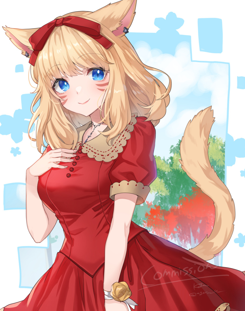 1girl animal_ears blonde_hair blue_eyes bow cat_ears cat_tail commission dress facial_mark final_fantasy final_fantasy_xiv hair_bow hand_on_own_chest highres jewelry kgr long_hair miqo'te necklace original puffy_short_sleeves puffy_sleeves red_bow red_dress short_sleeves skeb_commission smile solo tail whisker_markings