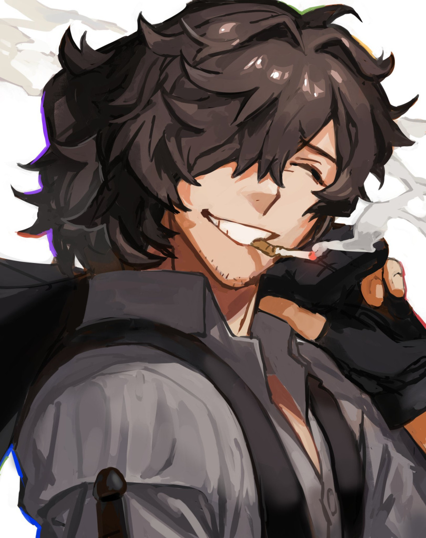 1boy black_gloves black_hair black_jacket black_vest cigarette closed_eyes commentary_request facial_hair facing_to_the_side facing_viewer fate/grand_order fate_(series) fingerless_gloves from_side furrowed_brow gloves grey_shirt grin hair_over_one_eye hand_up highres holding holding_clothes holding_jacket jacket jacket_over_shoulder jacket_removed male_focus messy_hair mouth_hold official_alternate_costume okada_izou_(fate) okada_izou_(i'm_one_dapping_fella)_(fate) ponytail popped_collar portrait shirt short_hair smile smoke_trail solo stubble su_ke234 vest white_background