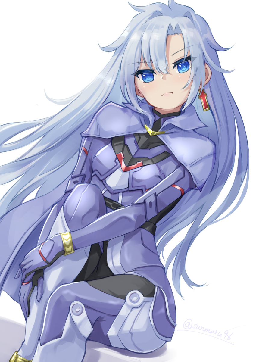 1girl a_(xenoblade) absurdres blue_cape blue_pupils breasts cape closed_mouth earrings eyes_visible_through_hair frown grey_hair hair_intakes high_collar highres jewelry kuro_(be_ok) long_hair looking_at_viewer messy_hair ringed_eyes simple_background single_earring sitting small_breasts solo twitter_username very_long_hair white_background xenoblade_chronicles_(series) xenoblade_chronicles_3 xenoblade_chronicles_3:_future_redeemed