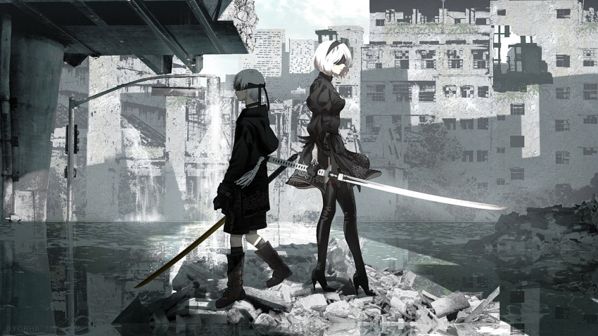 1boy 1girl black_blindfold black_dress black_footwear black_hairband blindfold boots breasts building commentary covered_eyes day dress full_body hairband high_heels highres holding holding_sword holding_weapon katana long_sleeves medium_breasts nier:automata nier_(series) outdoors ruins short_hair standing sword thigh_boots water weapon white_hair yorha_2b2e yorha_no._2_type_b yorha_no._9_type_s