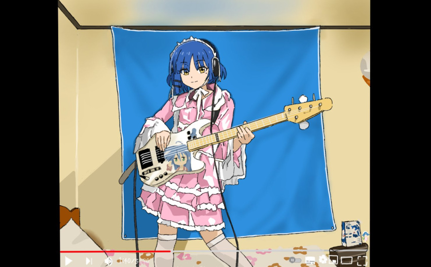 1girl bass_guitar bed bedroom blue_hair bocchi_the_rock! box cable character_print chin_strap closed_mouth commentary_request dress fake_video feet_out_of_frame frilled_dress frilled_hairband frilled_sleeves frills hair_ornament hairband hairclip headphones holding holding_instrument indoors instrument izumi_konata lolita_fashion long_sleeves looking_at_viewer lucky_star mole mole_under_eye music parody pillarboxed pillow pink_dress playing_instrument shirao short_hair shoulder_strap smile solo standing tarpaulin thigh-highs user_interface white_thighhighs yamada_ryou yellow_eyes