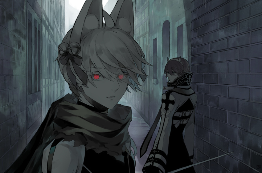 2boys ahoge alley animal_ear_fluff animal_ears arch_bishop_(ragnarok_online) bell bow brick_wall closed_mouth commentary_request cropped_jacket expressionless eyes_visible_through_hair fake_horns fox_ears guillotine_cross_(ragnarok_online) hair_bell hair_between_eyes hair_bow hair_ornament hairband horns jingle_bell kusabi_(aighe) limited_palette long_bangs long_sleeves looking_at_viewer male_focus multiple_boys muted_color official_alternate_costume outdoors ragnarok_online red_eyes scarf shirt short_hair sleeveless sleeveless_shirt torn_scarf upper_body