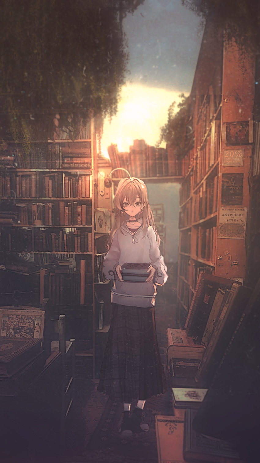1girl :o absurdres ahoge berry black_choker book book_stack bookshelf brown_eyes brown_footwear brown_hair brown_hoodie brown_skirt chair choker crossed_bangs desk earrings food-themed_earrings high_tops highres holding holding_book hololive hololive_english hood hoodie jewelry library long_hair long_skirt looking_at_viewer multicolored_hair nanashi_mumei necklace official_alternate_costume open_mouth oversized_clothes photo_background plaid plaid_skirt plant red_shirt shirt shoes skirt sneakers streaked_hair sweater taku_artworks tree twilight virtual_youtuber white_sweater window