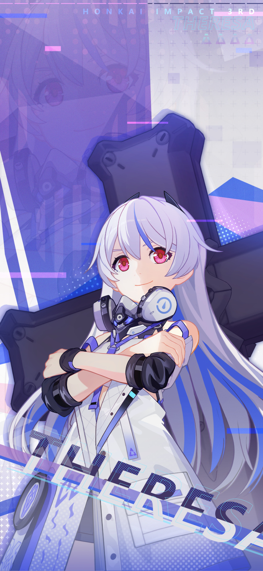 1girl character_name chinese_commentary closed_mouth cross_(weapon) crossed_arms headphones highres honkai_(series) honkai_impact_3rd long_sleeves looking_at_viewer multicolored_hair official_alternate_costume official_art official_wallpaper red_eyes smile solo streaked_hair theresa_apocalypse theresa_apocalypse_(luna_kindred) v-shaped_eyebrows white_hair