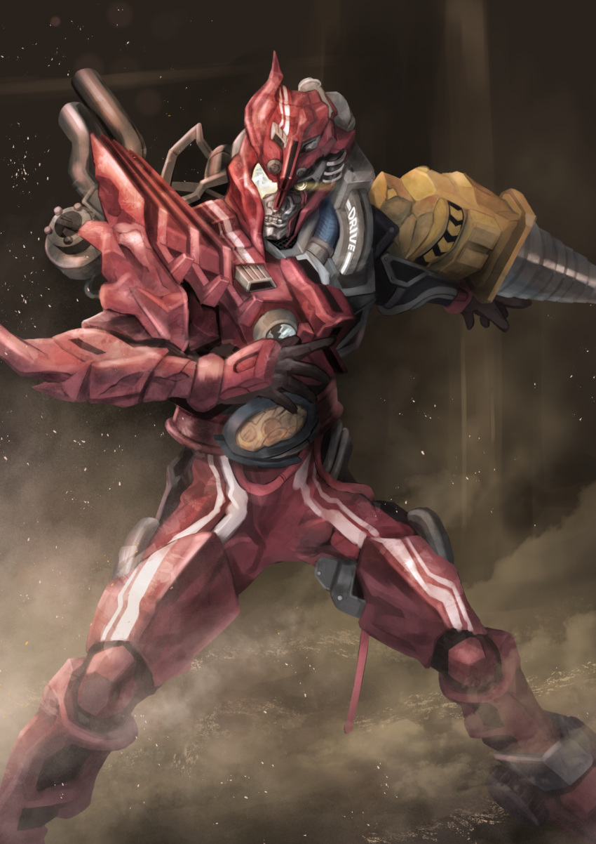 1boy 2019 another_drive another_rider_(zi-o) asymmetrical_armor broken_glass commentary_request creature drill electricity english_text glass glowing glowing_eyes highres kamen_rider kamen_rider_drive_(series) kamen_rider_zi-o_(series) lightning looking_at_viewer monster monster_boy red_eyes red_lightning running skull solo teeth tsubasansan type_speed type_tridoron yellow_eyes