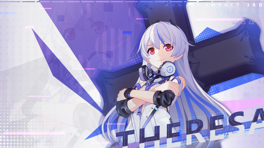 1girl character_name chinese_commentary closed_mouth cross_(weapon) crossed_arms headphones highres honkai_(series) honkai_impact_3rd long_sleeves looking_at_viewer multicolored_hair official_alternate_costume official_art official_wallpaper red_eyes smile solo streaked_hair theresa_apocalypse theresa_apocalypse_(luna_kindred) v-shaped_eyebrows white_hair