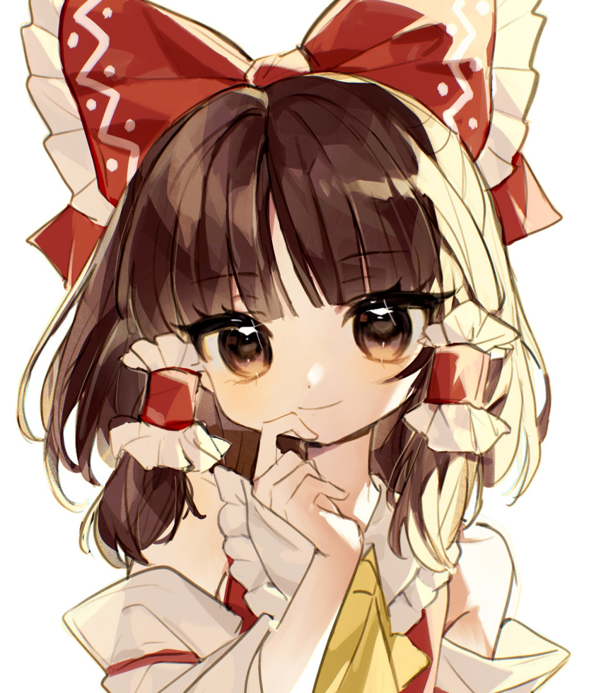 1girl ascot bare_shoulders blunt_bangs bow brown_eyes brown_hair detached_sleeves frilled_bow frilled_hair_tubes frilled_shirt_collar frills glint hair_bow hair_tubes hakurei_reimu hand_up highres long_hair sidelighting simple_background smile solo springarashi02 touhou translucent white_background yellow_ascot