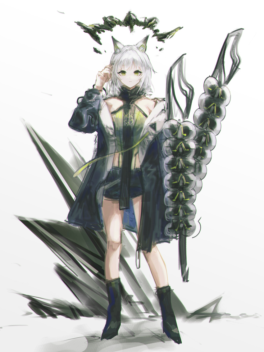 1girl absurdres adjusting_hair aiv alternate_costume animal_ears arknights bare_legs bare_shoulders black_coat black_shorts cat_ears cat_girl coat crop_top expressionless full_body green_eyes green_hair hand_on_own_head hand_up highres kal'tsit_(arknights) long_hair looking_at_viewer off_shoulder open_clothes open_coat short_shorts shorts slit_pupils solo standing white_hair