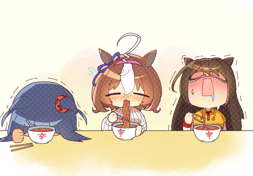 3girls ahoge blue_hair blue_ribbon brown_hair casual chopsticks clenched_hand closed_eyes commentary dark_blue_hair domino_mask drooling ear_ribbon ear_scrunchie eating el_condor_pasa_(umamusume) flying_sweatdrops food hair_between_eyes hair_flaps hairband head_on_table highres hishi_amazon_(umamusume) holding holding_chopsticks horse_girl huge_ahoge looking_up mask meisho_doto_(umamusume) multicolored_hair multiple_girls noodles official_alternate_costume open_mouth pink_hairband ramen ribbed_sweater ribbon short_sleeves spicy spring_onion sweat sweater trembling two-tone_hair umamusume unko_tonjiru upper_body white_hair white_sweater