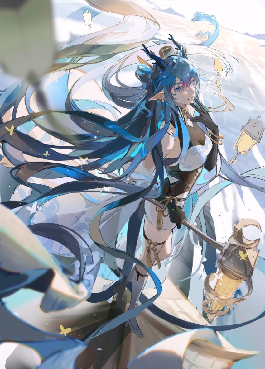 1girl arknights black_dress black_gloves blue_hair blurry blurry_foreground boots bracelet breasts bug butterfly chinese_commentary commentary_request dragon dragon_girl dragon_horns dress eastern_dragon full_body gloves hand_up heqing highres holding holding_staff horns jewelry knee_boots lantern ling_(arknights) long_hair medium_breasts outdoors pointy_ears sidelocks solo staff thigh_strap two-tone_dress very_long_hair walking walking_on_liquid white_dress white_footwear yellow_butterfly