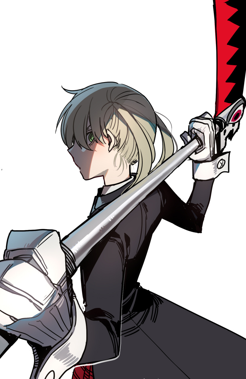 1girl blonde_hair cowboy_shot from_side gloves green_eyes highres holding holding_scythe long_sleeves looking_at_viewer maka_albarn pleated_skirt ratatatat74 red_skirt scythe simple_background skirt solo soul_eater twintails weapon white_background white_gloves