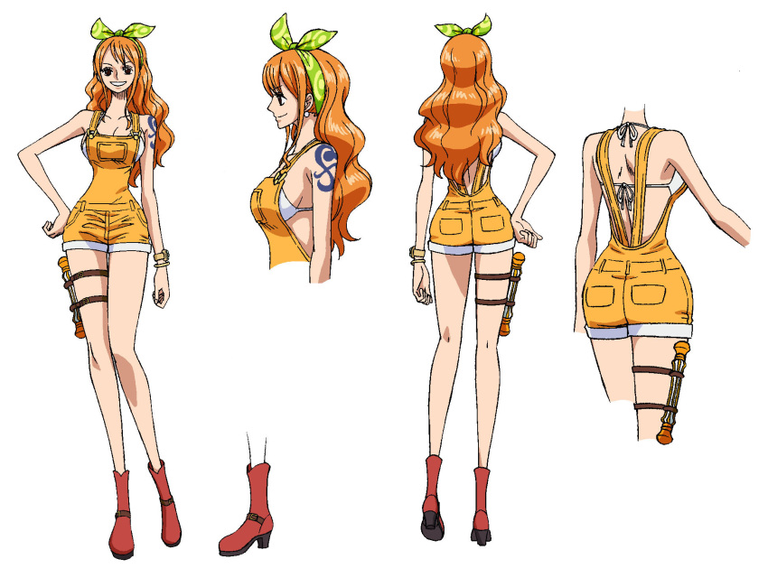 1girl boots bow brown_footwear concept_art earrings green_bow hair_ribbon hand_on_own_hip high_heel_boots high_heels highres jewelry log_pose multiple_views nami_(one_piece) official_alternate_costume official_art one_piece one_piece:_stampede orange_hair orange_overalls overall_shorts overalls reference_sheet ribbon shoulder_tattoo simple_background tattoo white_background