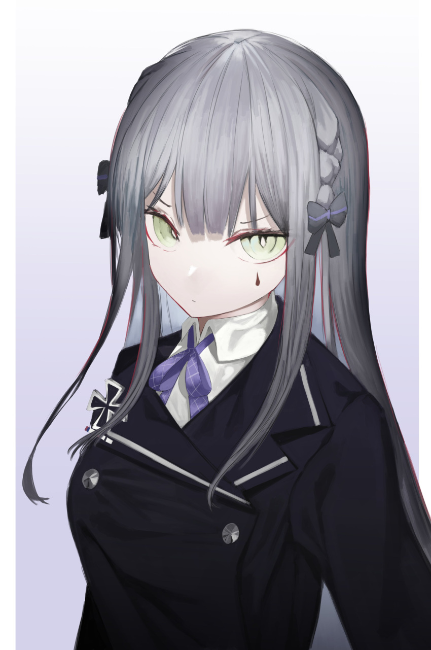 1girl absurdres alternate_costume black_jacket blunt_bangs border bow braid buttons closed_mouth collared_shirt commentary double-breasted girls_frontline gradient_background green_eyes grey_bow grey_hair hair_bow highres hk416_(girls'_frontline) jacket long_hair long_sleeves looking_at_viewer neck_ribbon nero_(nero_nyam) purple_background purple_ribbon ribbon shirt simple_background solo upper_body white_border white_shirt