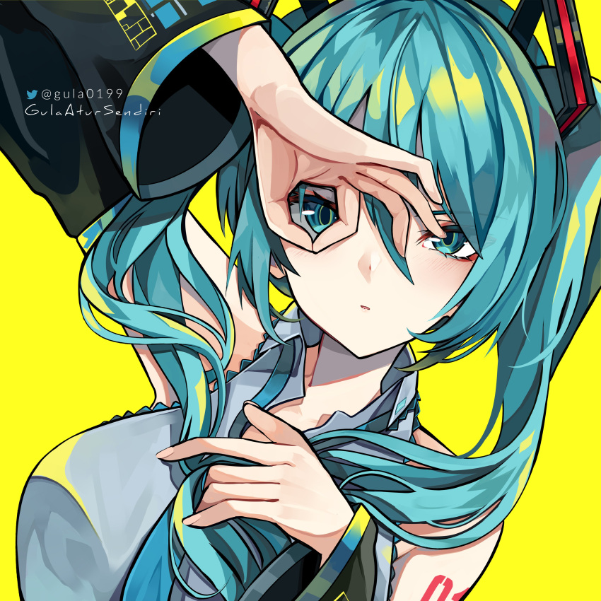 1girl absurdres aqua_eyes aqua_hair aqua_necktie arm_up artist_name black_sleeves breasts collared_shirt commentary detached_sleeves dutch_angle grey_shirt gula_atur_sendiri hair_between_eyes hand_on_own_chest hatsune_miku highres long_hair looking_at_viewer medium_breasts necktie ok_sign ok_sign_over_eye parted_lips shirt simple_background sleeveless sleeveless_shirt solo twintails twitter_logo twitter_username upper_body vocaloid yellow_background
