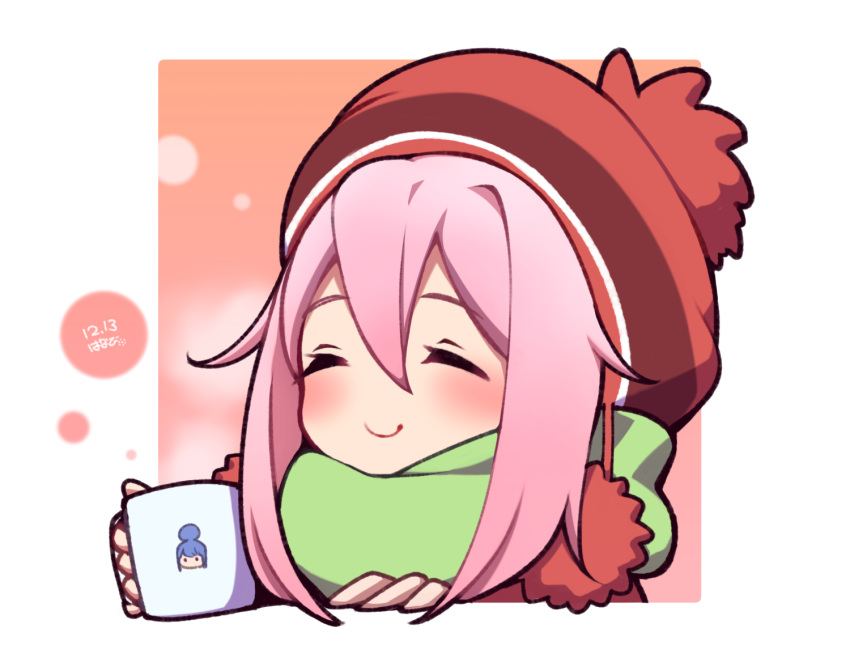 1girl closed_eyes commentary cup dated green_scarf holding holding_cup kagamihara_nadeshiko long_hair mug pink_hair red_headwear scarf shima_rin smile symbol-only_commentary umenodo winter_clothes woollen_cap yurucamp
