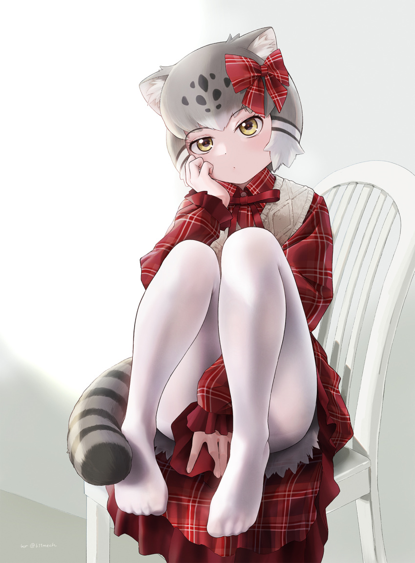 1girl alternate_costume animal_ears beleven blush bow cat_ears cat_girl cat_tail frilled_sleeves frills grey_hair hair_bow highres kemono_friends kemono_friends_3 long_sleeves looking_at_viewer multicolored_hair no_shoes official_alternate_costume pallas's_cat_(kemono_friends) pantyhose plaid plaid_bow plaid_shirt puffy_sleeves red_bow red_shirt shirt short_hair sitting solo sweater_vest tail white_hair white_pantyhose white_sweater_vest yellow_eyes