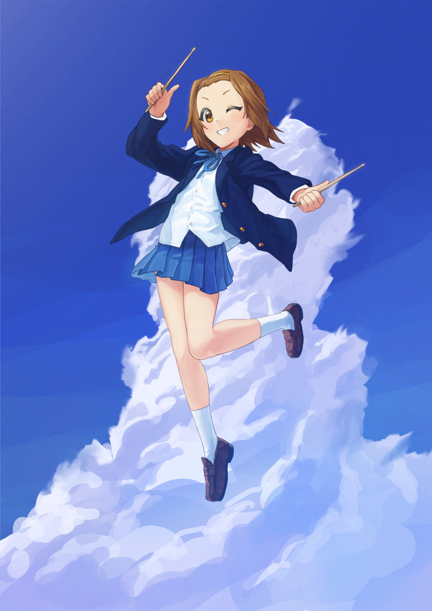 1girl blazer blue_jacket blue_ribbon blue_skirt blue_sky blush brown_eyes brown_hair clouds collared_shirt commentary_request day drumsticks forehead full_body grin hairband highres holding holding_drumsticks jacket k-on! mandei_(nao_1234567) neck_ribbon one_eye_closed open_clothes open_jacket outdoors pleated_skirt ribbon sakuragaoka_high_school_uniform school_uniform shirt short_hair skirt sky smile solo tainaka_ritsu thumbs_up untucked_shirt white_shirt winter_uniform yellow_hairband