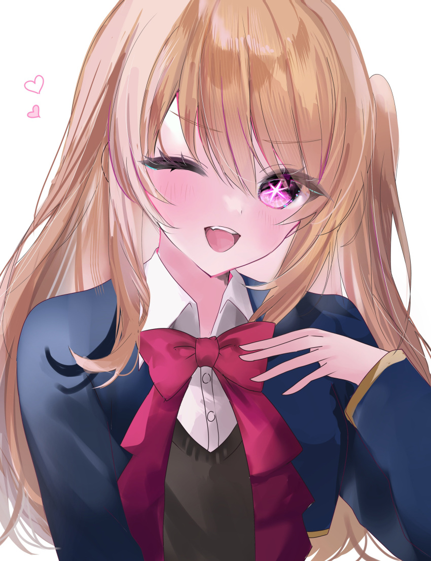1girl absurdres amatsuki_luna blonde_hair blue_jacket blush bow commentary_request heart highres hoshino_ruby jacket long_hair one_eye_closed open_mouth oshi_no_ko pink_eyes red_bow school_uniform shirt side_ponytail simple_background solo star-shaped_pupils star_(symbol) symbol-shaped_pupils white_shirt