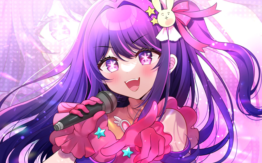 1girl blush commentary_request gloves hair_intakes hair_ornament heart highres holding holding_microphone hoshino_ai_(oshi_no_ko) long_hair looking_at_viewer microphone minami_saki one_side_up oshi_no_ko pink_gloves pink_shirt pointing pointing_at_viewer purple_hair rabbit_hair_ornament shirt sleeveless sleeveless_shirt solo star_(symbol) symbol-shaped_pupils violet_eyes