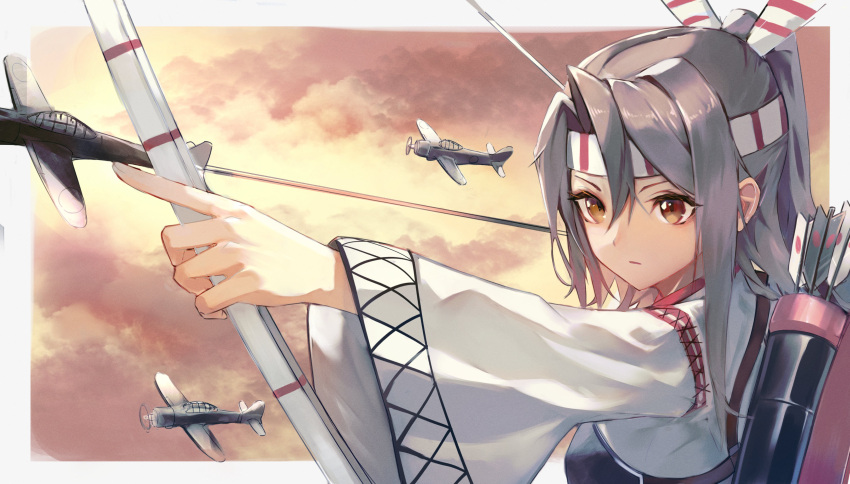 1girl absurdres aircraft arrow_(projectile) border bow_(weapon) brown_eyes closed_mouth hachimaki hair_between_eyes headband high_ponytail highres holding holding_bow_(weapon) holding_weapon horohoro5151 japanese_clothes kantai_collection kimono light_brown_hair long_hair long_sleeves muneate solo weapon white_border white_kimono wide_sleeves yumi_(bow) zuihou_(kancolle)