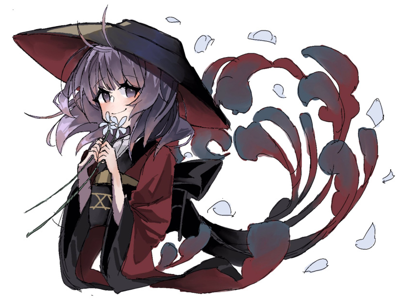 1girl antenna_hair black_headwear bowl bowl_hat closed_mouth commentary cropped_torso flower hat highres holding holding_flower japanese_clothes kimono long_sleeves looking_at_viewer medium_hair one-hour_drawing_challenge purple_hair red_kimono sash simple_background smile solo sukuna_shinmyoumaru touhou violet_eyes white_background white_flower wide_sleeves zerocf155