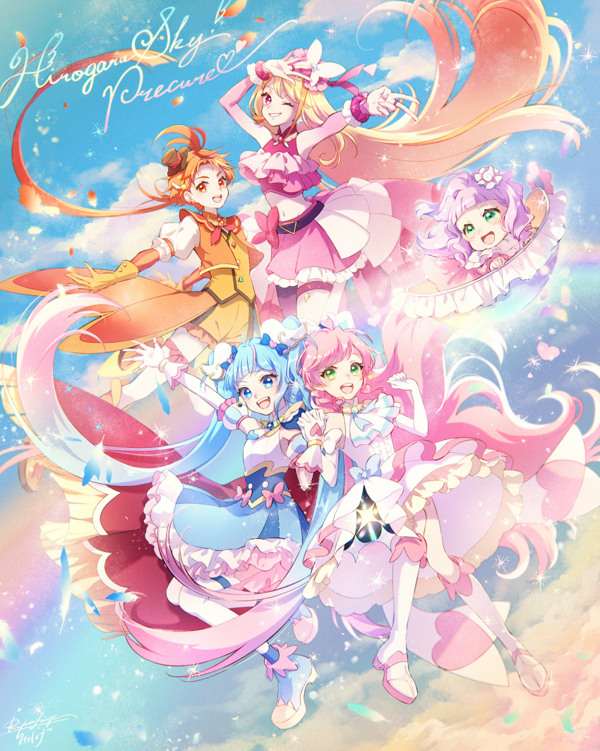 1boy 4girls absurdres aqua_eyes ascot baby belt blonde_hair blue_eyes blue_hair boots cure_butterfly cure_prism cure_sky cure_wing dress green_eyes hat highres hijiri_ageha hirogaru_sky!_precure liwa_(u_rai_la) long_hair magical_boy magical_girl midriff mini_hat mini_top_hat multiple_girls nijigaoka_mashiro orange_eyes orange_hair pink_hair ponytail precure purple_hair skirt sora_harewataru top_hat twintails very_long_hair violet_eyes white_dress white_footwear yuunagi_tsubasa