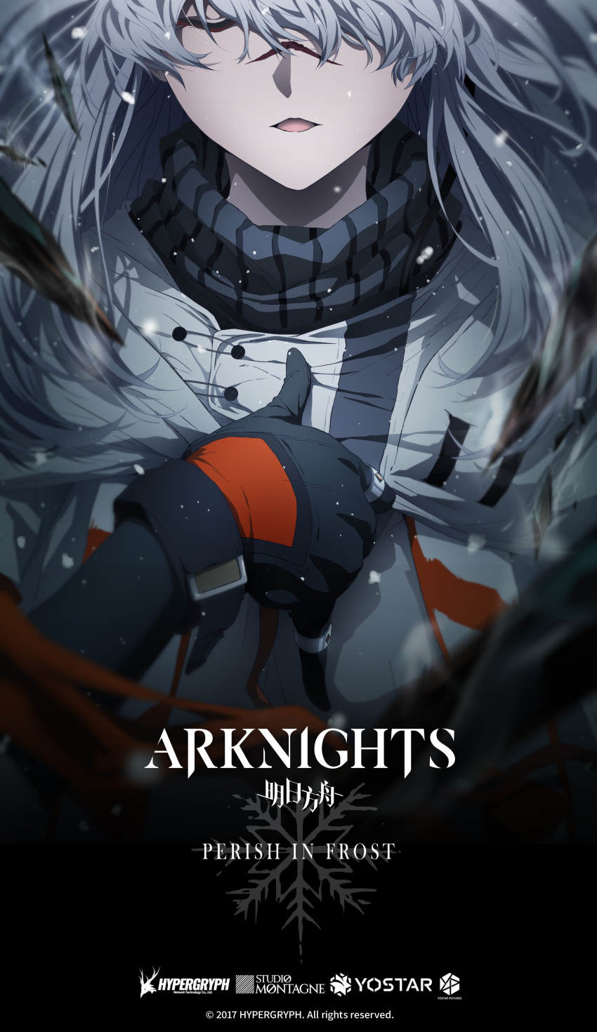 1girl absurdres arknights black_gloves black_sweater closed_eyes cryokinesis english_commentary english_text frostnova_(arknights) gloves highres icicle jacket long_hair official_art open_mouth originium_arts_(arknights) poster_(medium) rabbit_girl scar scar_on_face scar_on_nose snowflakes solo_focus sweater white_hair white_jacket yostar_pictures