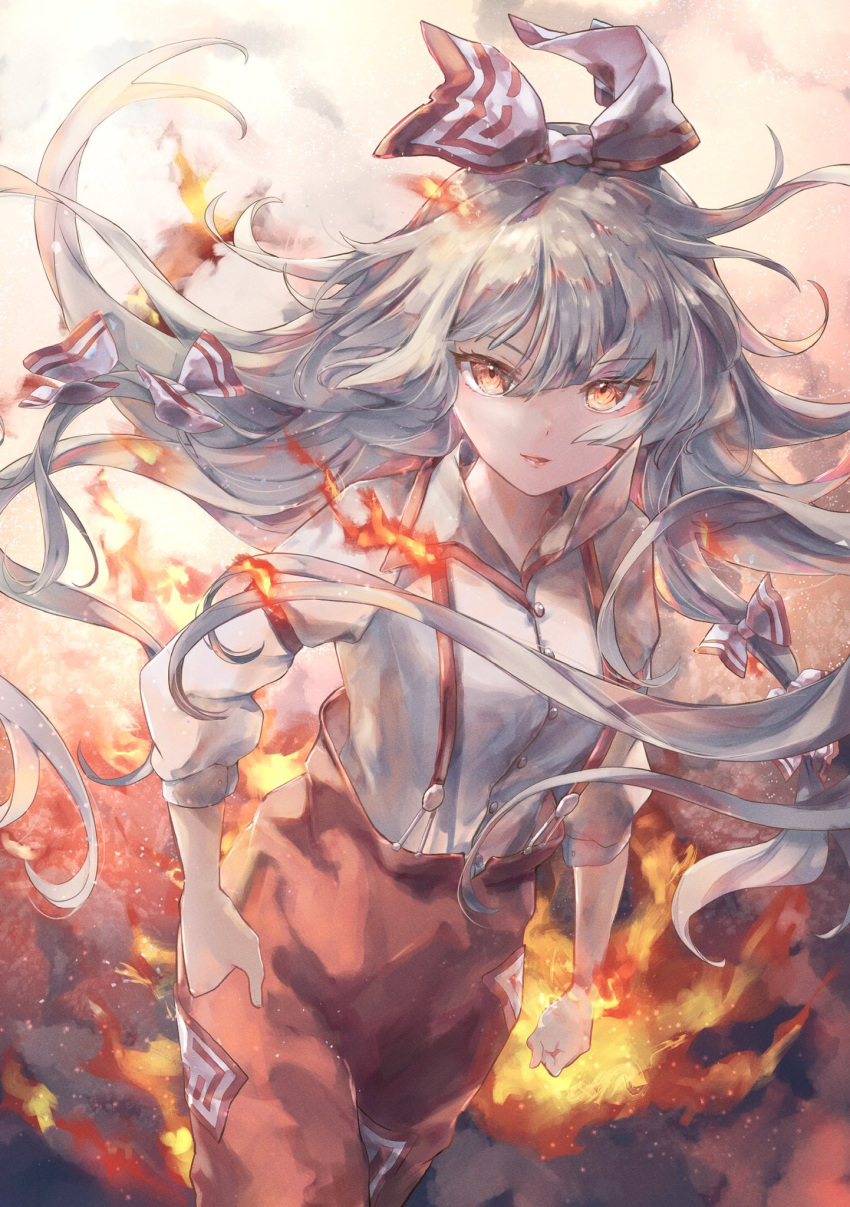 1girl bow buttons collared_shirt commentary_request cowboy_shot fire floating_hair fujiwara_no_mokou grey_hair hair_between_eyes hair_bow hand_in_pocket highres lips long_hair long_sleeves looking_at_viewer nanop38 ofuda ofuda_on_clothes orange_eyes pants parted_lips red_pants shirt sleeve_cuffs smile solo suspenders touhou very_long_hair white_bow white_shirt