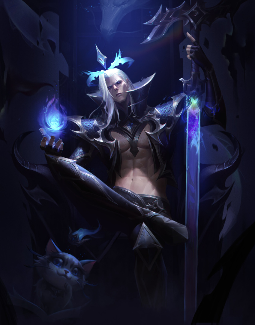 1boy abs absurdres animal armor black_gloves black_pants blue_fire cat crossed_legs crown edg_viego edg_yuumi fingerless_gloves fire gloves highres holding holding_sword holding_weapon league_of_legends long_hair magic muscular muscular_male navel official_alternate_costume pants pectorals scar scar_across_eye scar_on_face shiba18 sitting sword throne viego_(league_of_legends) weapon white_hair yuumi_(league_of_legends)