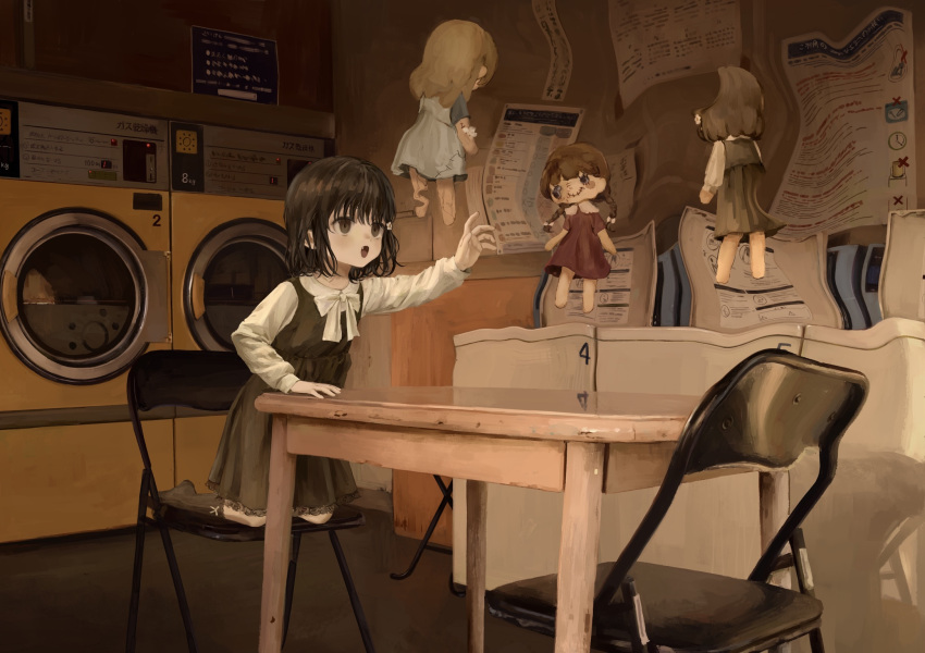 1girl bow bowtie brown_dress brown_eyes brown_hair brown_socks chair child clothes_dryer commentary_request commission distortion doll dress female_child floating floating_object folding_chair hand_up highres horror_(theme) indoors kneeling lace-trimmed_dress lace_trim laundromat long_sleeves medium_hair miyagawa_haruka namuta no_shoes on_chair open_mouth original partial_commentary reaching shirt skeb_commission sleeveless sleeveless_dress socks solo table warped white_bow white_bowtie white_shirt