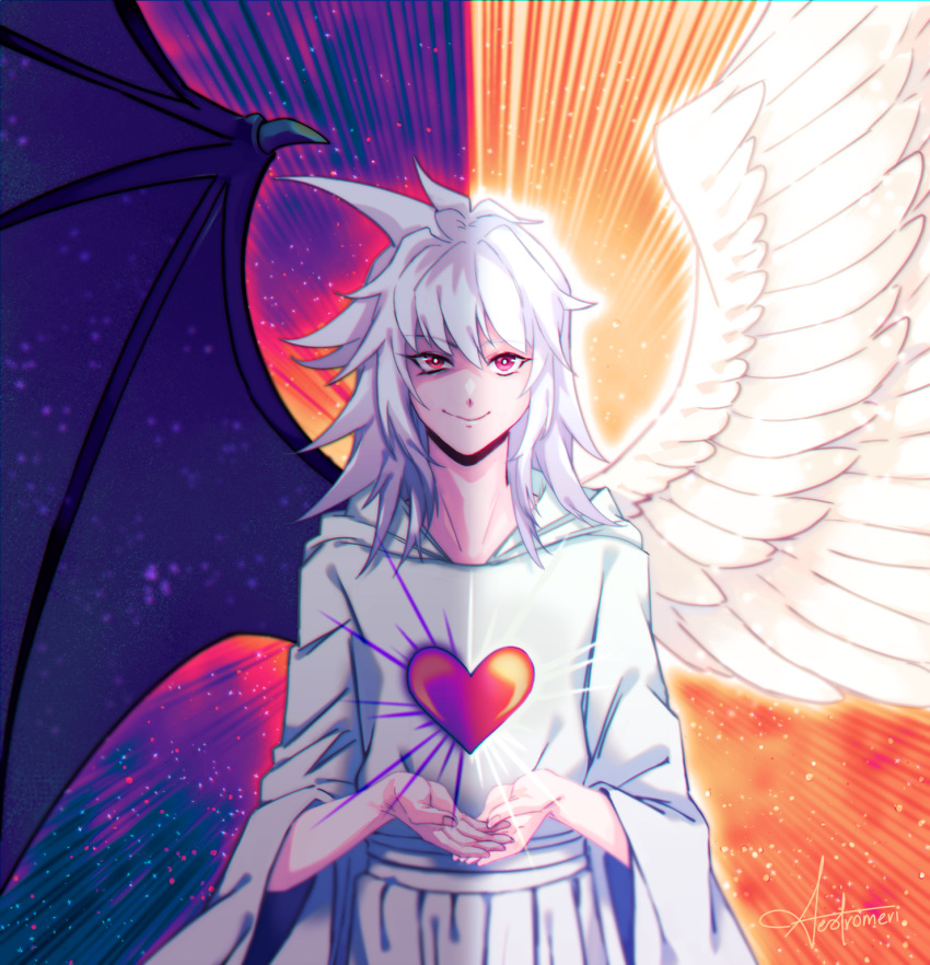 1boy angel_wings artist_name bakura_ryou black_wings cali_(aestromeri) change_of_heart change_of_heart_(cosplay) cosplay demon_wings dual_persona feathered_wings feathers heart highres long_sleeves male_focus medium_hair own_hands_together red_eyes signature smile solo spiky_hair split_theme straight-on white_feathers white_hair wide_sleeves wings yami_bakura yu-gi-oh! yu-gi-oh!_duel_monsters