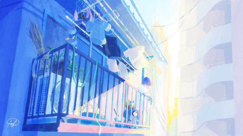 1girl air_conditioner animal apartment balcony bird blue_theme broom brown_hair building city clothes_hanger day drying drying_clothes hose original outdoors penguin plant potted_plant scenery shirt short_hair sky tabi_(tabisumika) white_shirt