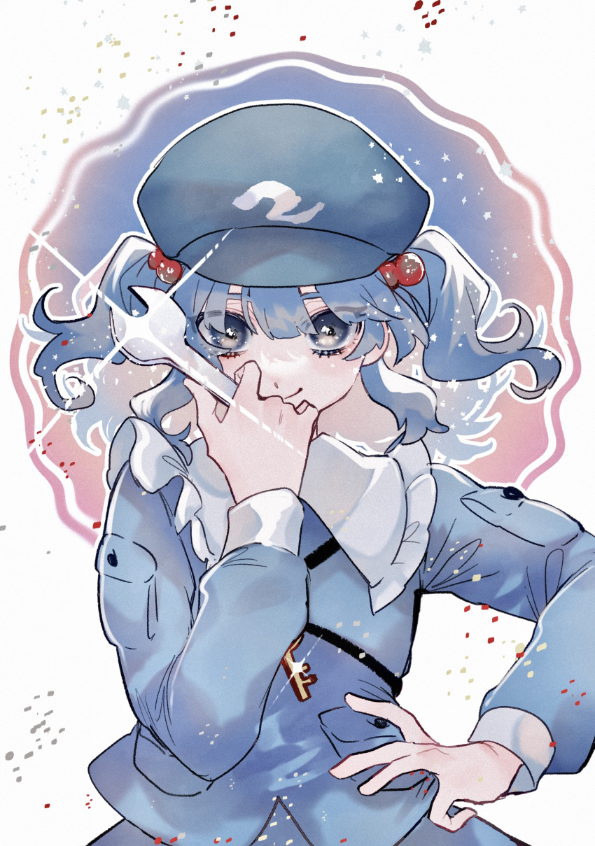 1girl absurdres blue_eyes blue_hair blue_headwear blue_shirt blush closed_mouth flat_cap frilled_shirt_collar frills hair_between_eyes hair_bobbles hair_ornament hand_on_own_hip hand_up hat highres holding holding_wrench katai_(nekoneko0720) kawashiro_nitori long_sleeves looking_at_viewer medium_hair one-hour_drawing_challenge shirt sleeve_cuffs smile solo touhou twintails upper_body wrench