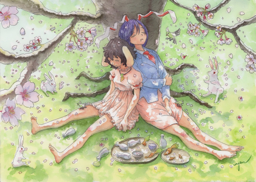 2girls alcohol animal_ears barefoot black_hair blazer blue_jacket breasts carrot closed_eyes closed_mouth collared_shirt commentary_request dress falling_petals floppy_ears flower frilled_dress frills full_body green_bird green_pheasant hanami inaba_tewi jacket long_hair long_sleeves medium_bangs multiple_girls necktie open_mouth painting_(medium) petals pink_dress pink_skirt puffy_short_sleeves puffy_sleeves purple_hair rabbit rabbit_ears rabbit_girl red_necktie reisen_udongein_inaba sake shirt short_hair short_sleeves signature sitting skirt sleeping small_breasts smile spill swept_bangs tokkuri touhou traditional_media tray tree under_tree uryan! watercolor_(medium) white_flower white_shirt