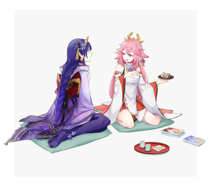 2girls :d animal_ears blunt_bangs book bow braid commentary_request cover cover_page cup cushion detached_sleeves doujin_cover earrings food fox_ears fox_girl full_body genshin_impact hair_between_eyes hair_ornament hair_ribbon japanese_clothes jewelry long_hair looking_at_viewer low-tied_long_hair low_ponytail manga_(object) multiple_girls nontraditional_miko obi pink_hair purple_hair purple_thighhighs raiden_shogun ribbon ribbon-trimmed_sleeves ribbon_trim sakura_mochi sash short_hair sidelocks simple_background single_braid sitting smile syaciko124 thigh-highs tray violet_eyes vision_(genshin_impact) wagashi wariza wide_sleeves yae_miko yunomi